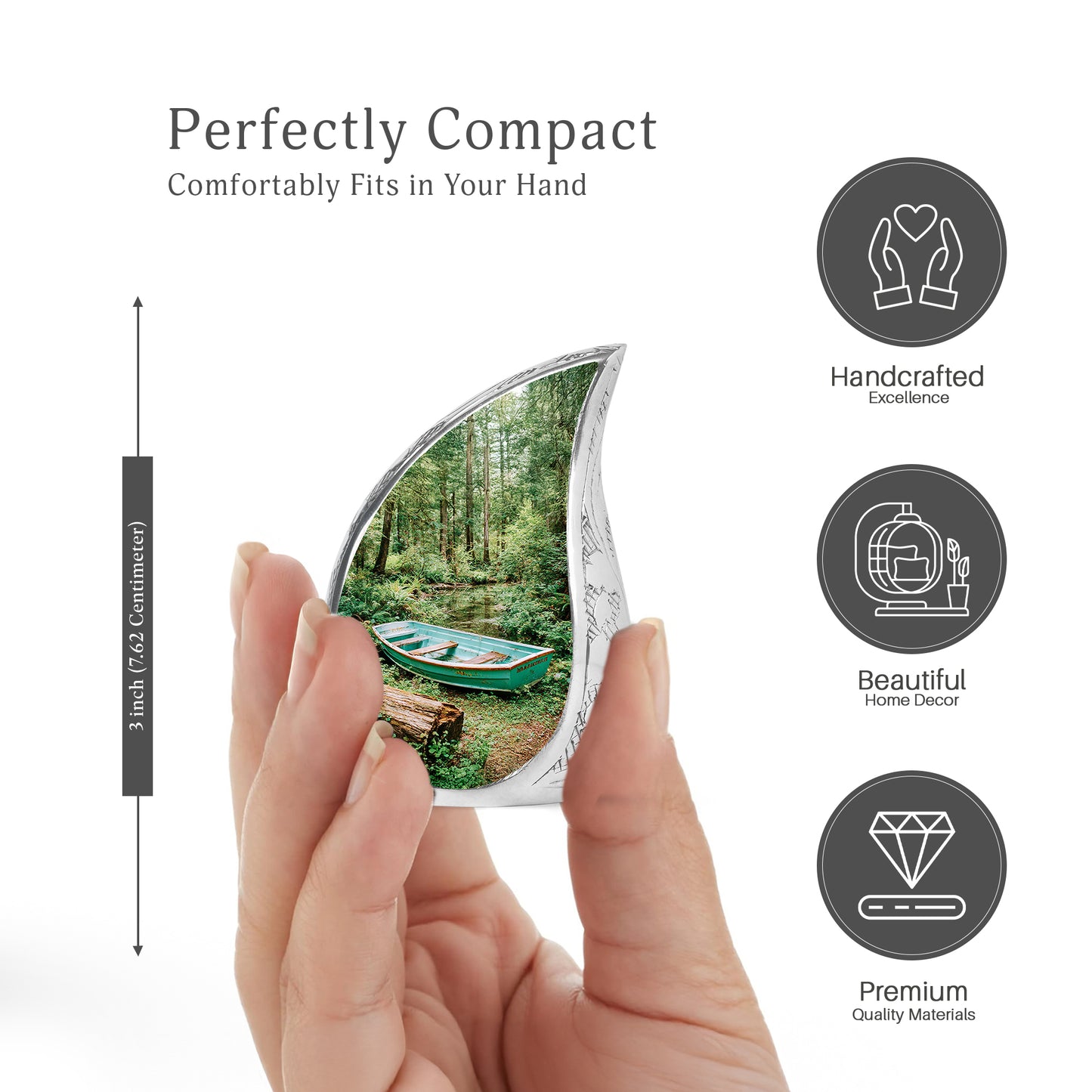 Emerald Green Boat Cremation Urn angled view of lid and engraved motif - flowing teardrop boat silhouette on curved aluminum - mini keepsake memorial for portion of cremation ashes