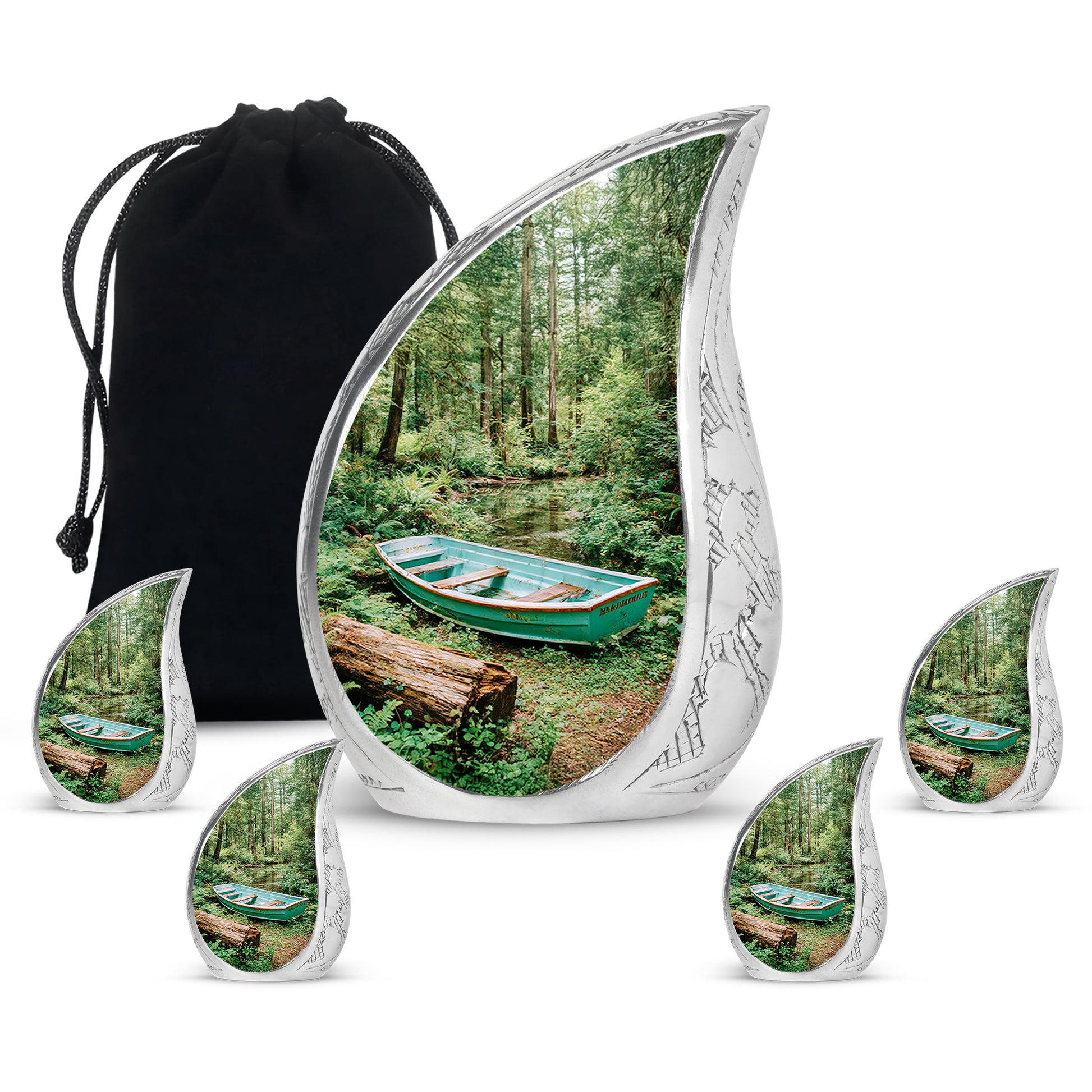 Forest Green Boat Cremation Urn side profile showing urn shape - smooth teardrop contour featuring boat art - memorial set with one large and four small urns