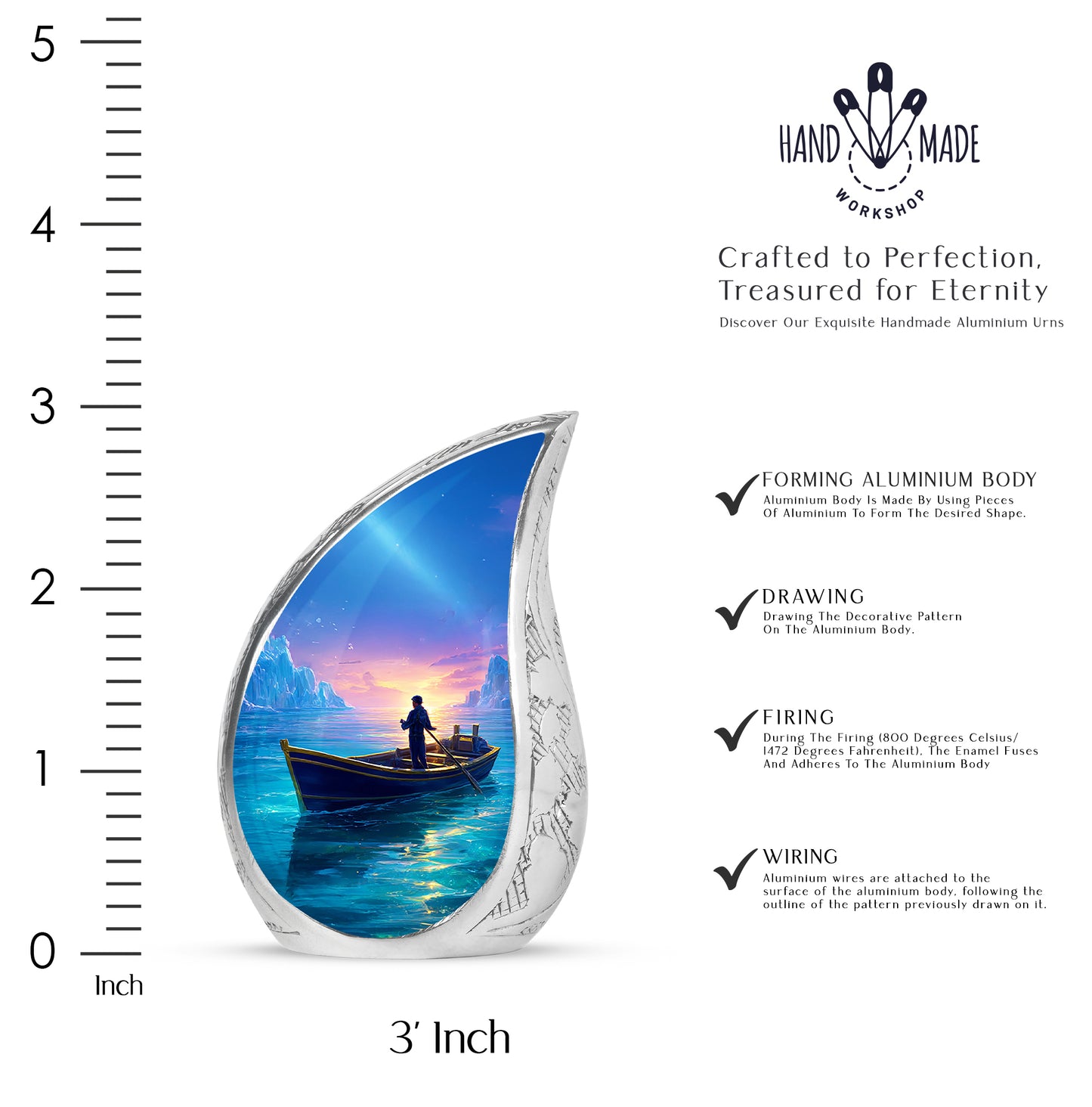 Indigo Boat Cremation Urn angled view of lid and engraved motif - rounded teardrop boat design with delicate detail - mini keepsake memorial for portion of cremation ashes