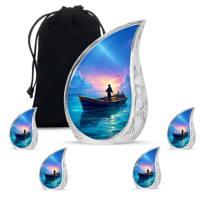Calming Blue Boat Cremation Urn side profile showing urn shape - smooth teardrop contour featuring boat art - memorial set with one large and four small urns