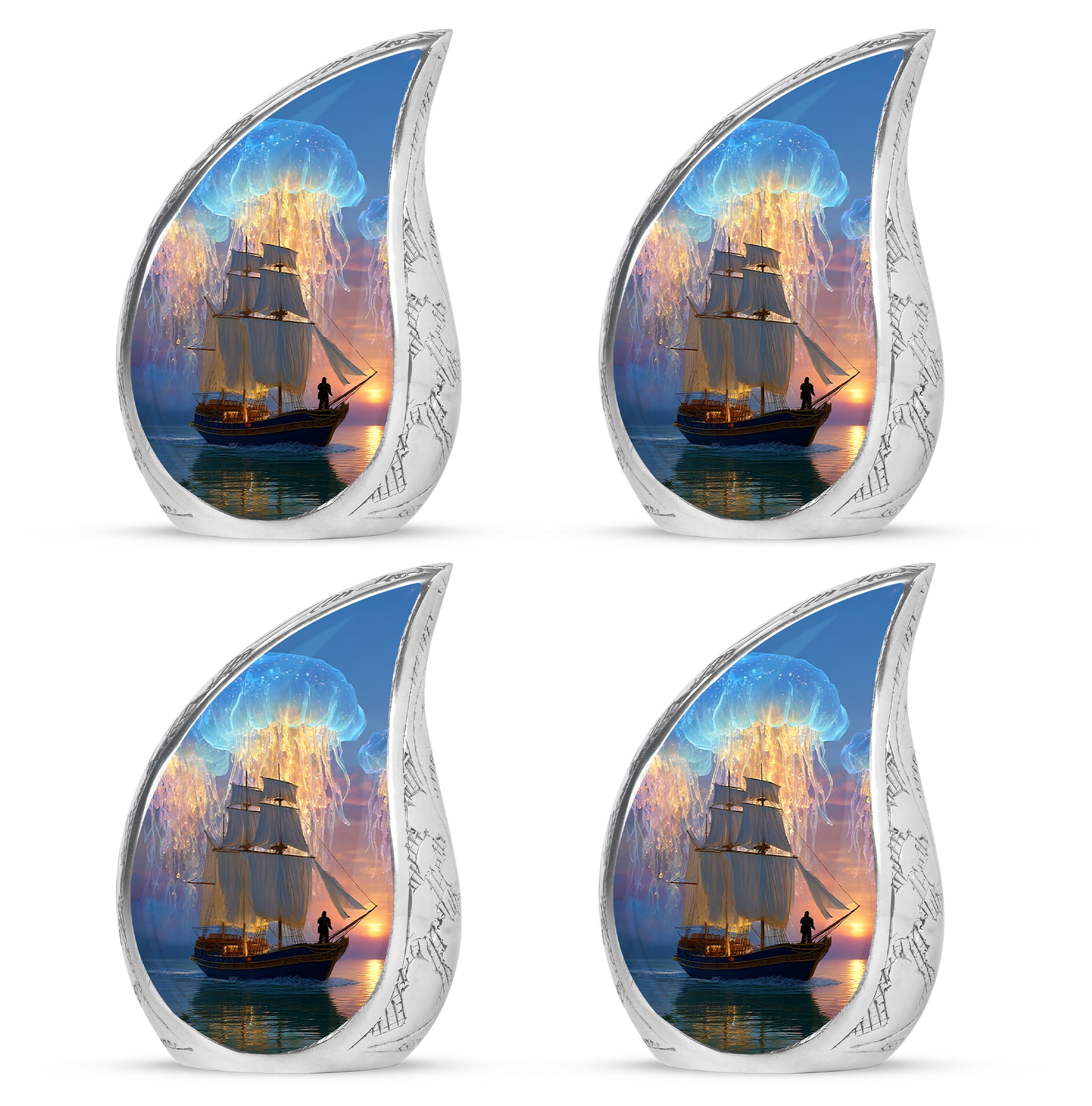Icy Blue Boat Cremation Urn close-up of engraving and surface detail - flowing teardrop boat silhouette on curved aluminum - 10 inch aluminum urn for cremated remains
