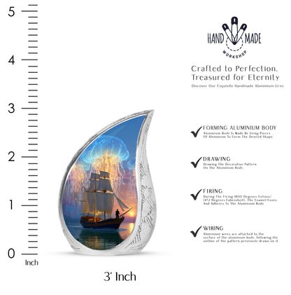 Dusty Blue Boat Cremation Urn angled view of lid and engraved motif - flowing teardrop boat silhouette on curved aluminum - mini keepsake memorial for portion of cremation ashes