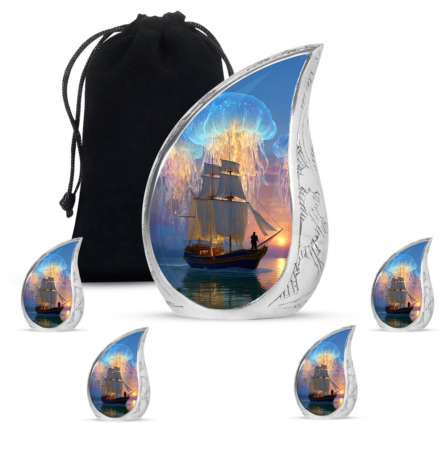 Cobalt Blue Boat Cremation Urn side profile showing urn shape - smooth teardrop contour featuring boat art - memorial set with one large and four small urns