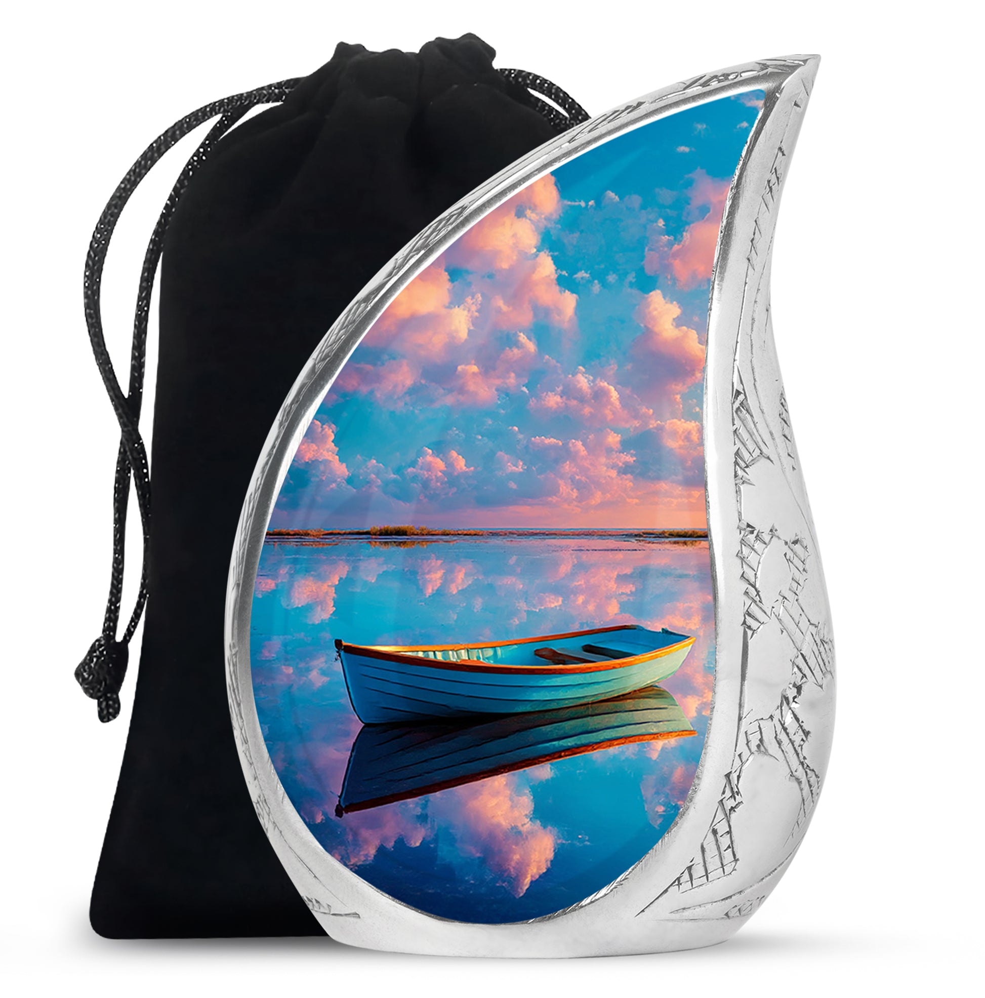 Bright Blue Boat Cremation Urn front view showing detailed design - graceful tear-shaped urn with boat motif - full-size 10 inch 200 cubic inch adult cremation urn