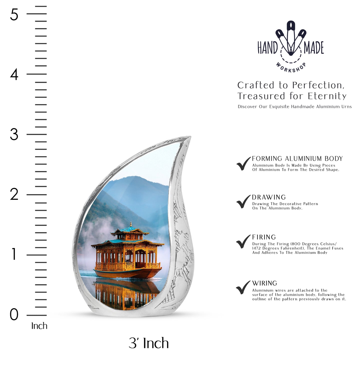 Vivid Blue Boat Cremation Urn angled view of lid and engraved motif - smooth teardrop contour featuring boat art - mini keepsake memorial for portion of cremation ashes