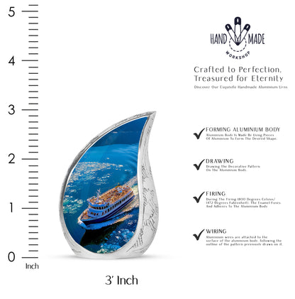 Icy Blue Boat Cremation Urn angled view of lid and engraved motif - rounded teardrop boat design with delicate detail - mini keepsake memorial for portion of cremation ashes