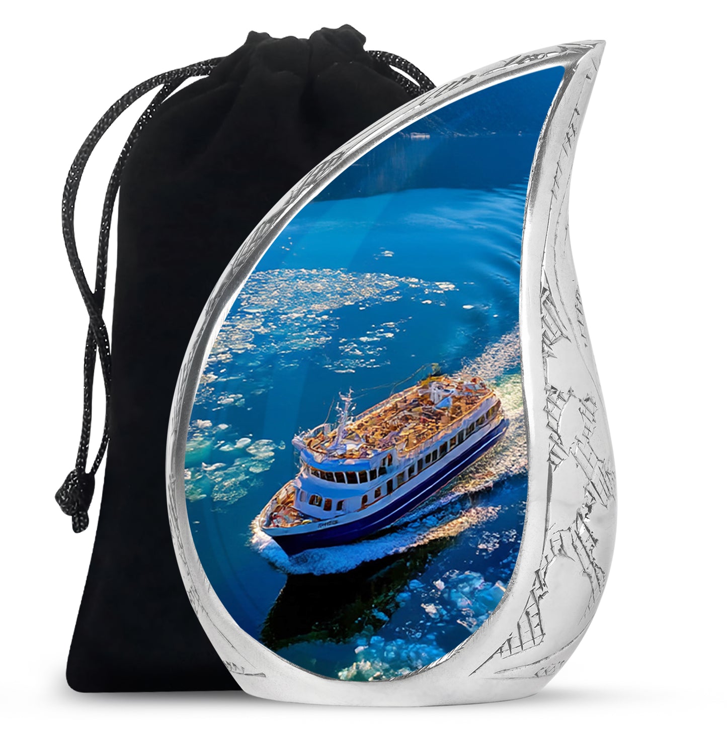 Celestial Blue Boat Cremation Urn front view showing detailed design - flowing teardrop boat silhouette on curved aluminum - full-size 10 inch 200 cubic inch adult cremation urn