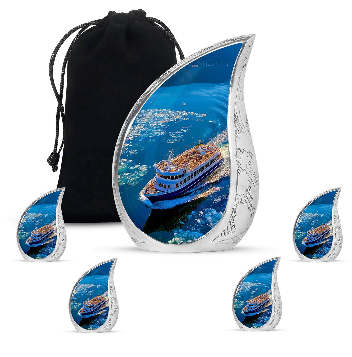 Celestial Blue Boat Cremation Urn side profile showing urn shape - flowing teardrop boat silhouette on curved aluminum - memorial set with one large and four small urns