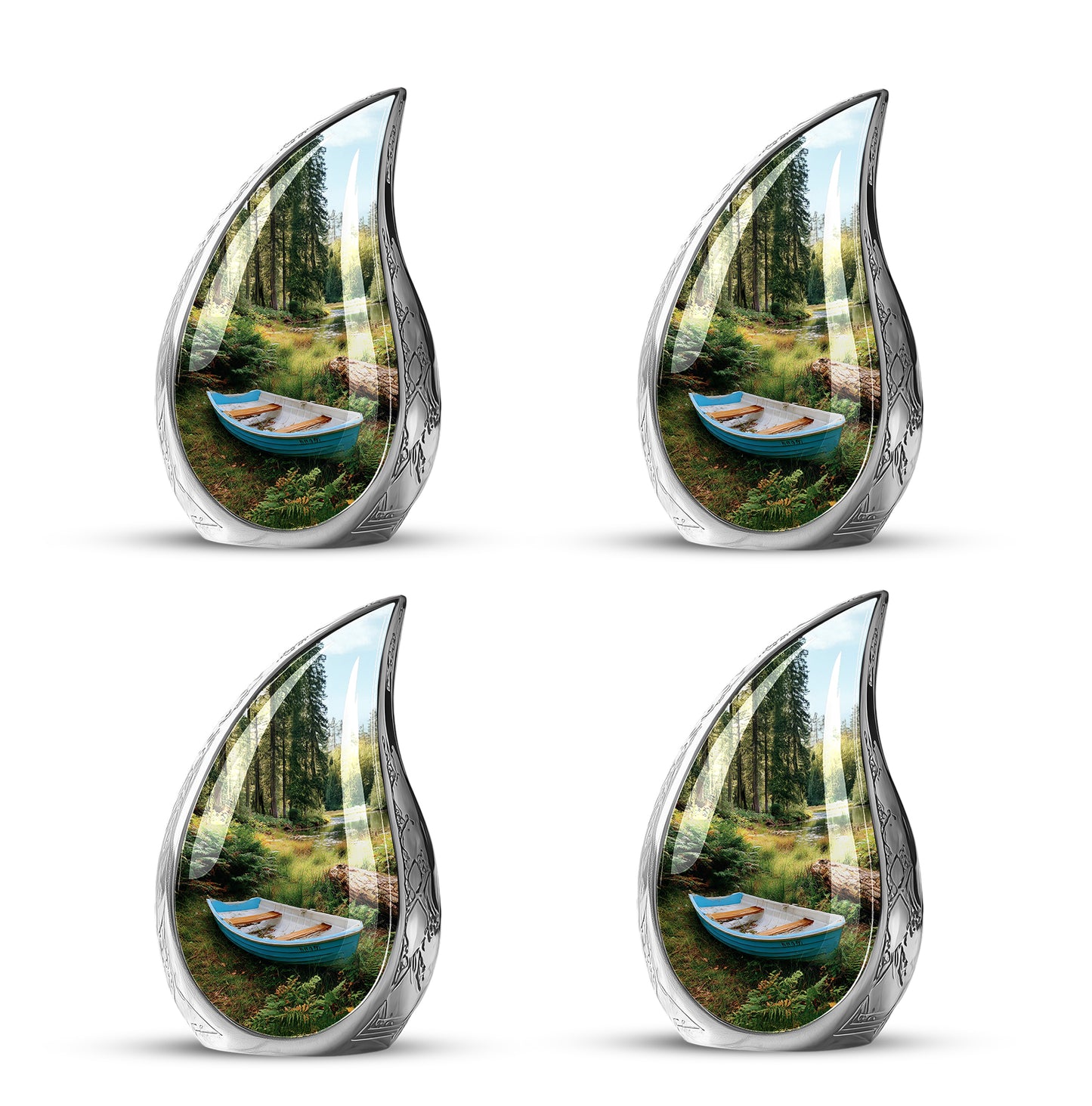 Dark Black Boat Cremation Urn close-up of engraving and surface detail - smooth teardrop contour featuring boat art - 10 inch aluminum urn for cremated remains