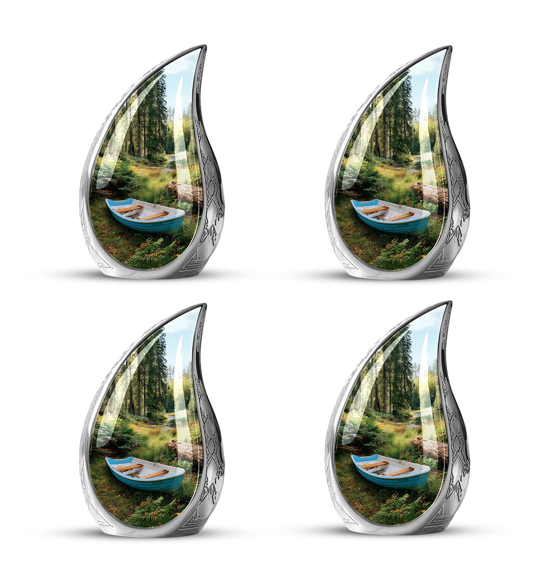 Dark Black Boat Cremation Urn close-up of engraving and surface detail - smooth teardrop contour featuring boat art - 10 inch aluminum urn for cremated remains