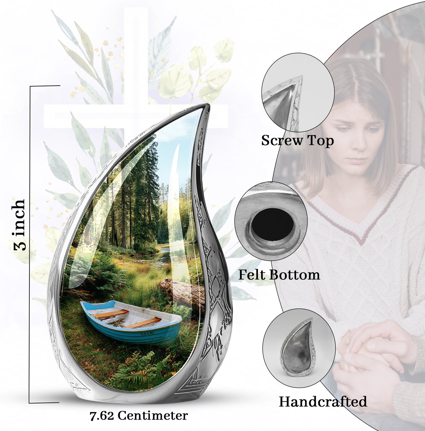 Midnight Black Boat Cremation Urn angled view of lid and engraved motif - graceful tear-shaped urn with boat motif - mini keepsake memorial for portion of cremation ashes