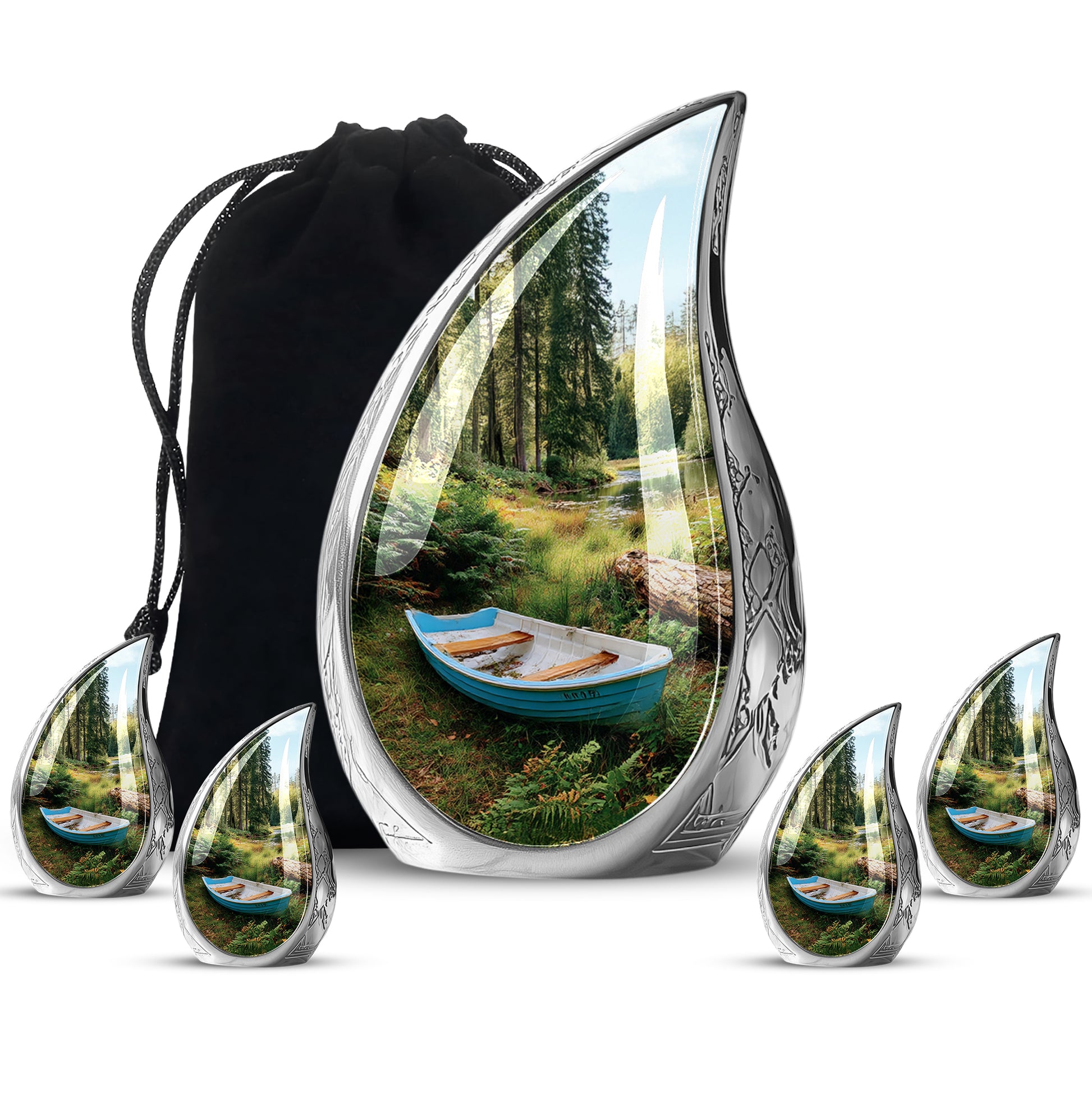 Glossy Black Boat Cremation Urn side profile showing urn shape - flowing teardrop boat silhouette on curved aluminum - memorial set with one large and four small urns