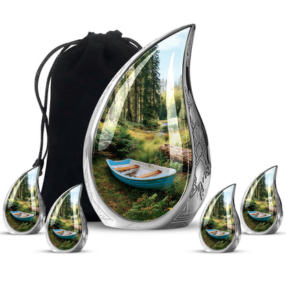 Glossy Black Boat Cremation Urn side profile showing urn shape - flowing teardrop boat silhouette on curved aluminum - memorial set with one large and four small urns