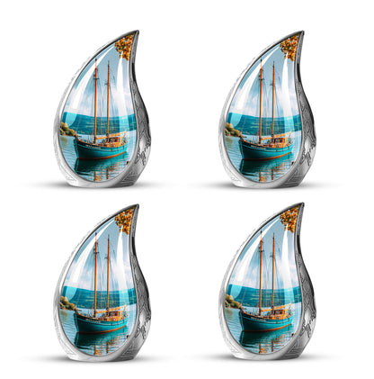 Aqua Teal Boat Cremation Urn close-up of engraving and surface detail - graceful tear-shaped urn with boat motif - 10 inch aluminum urn for cremated remains