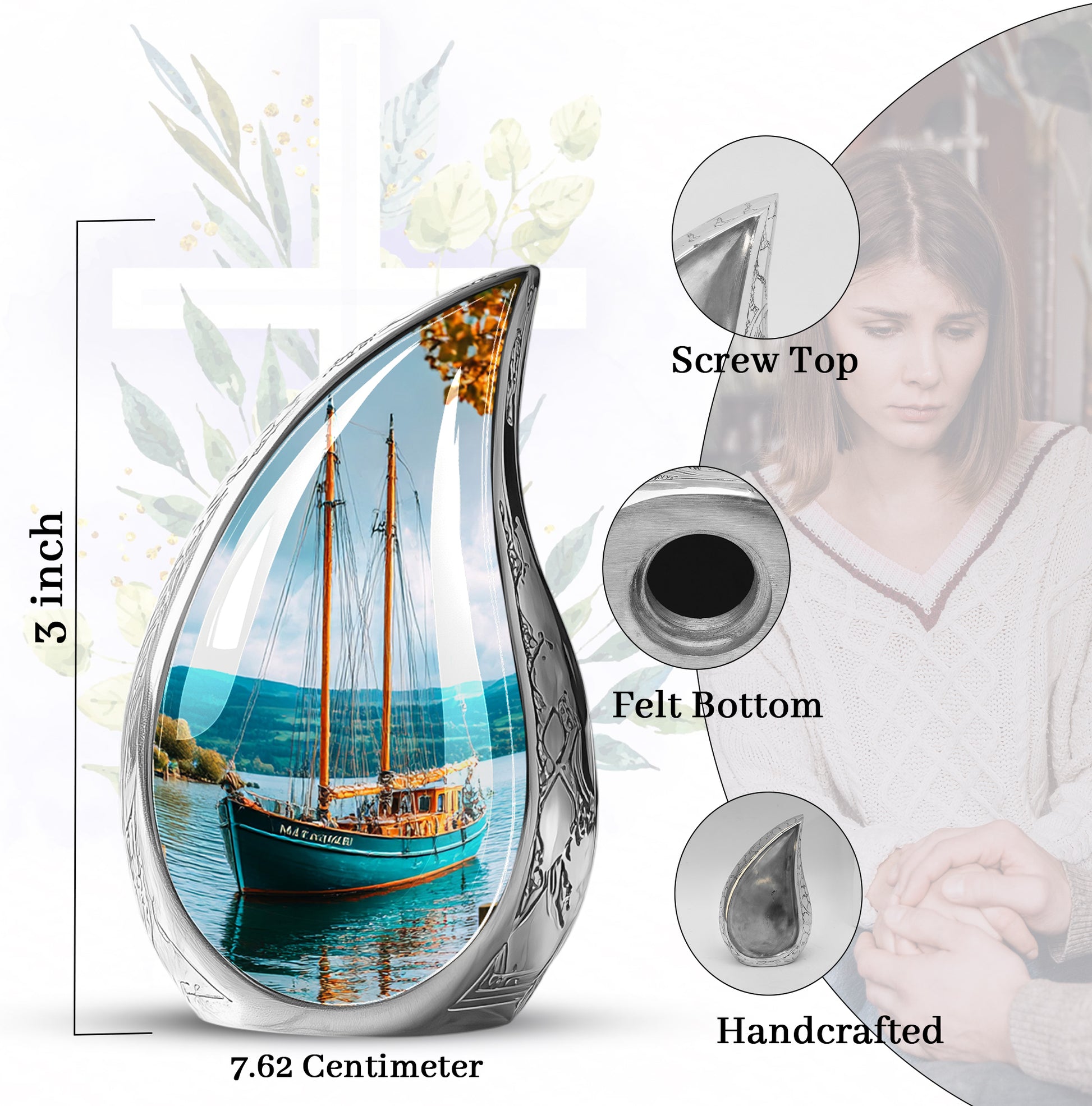 Aqua Teal Boat Cremation Urn angled view of lid and engraved motif - graceful tear-shaped urn with boat motif - mini keepsake memorial for portion of cremation ashes