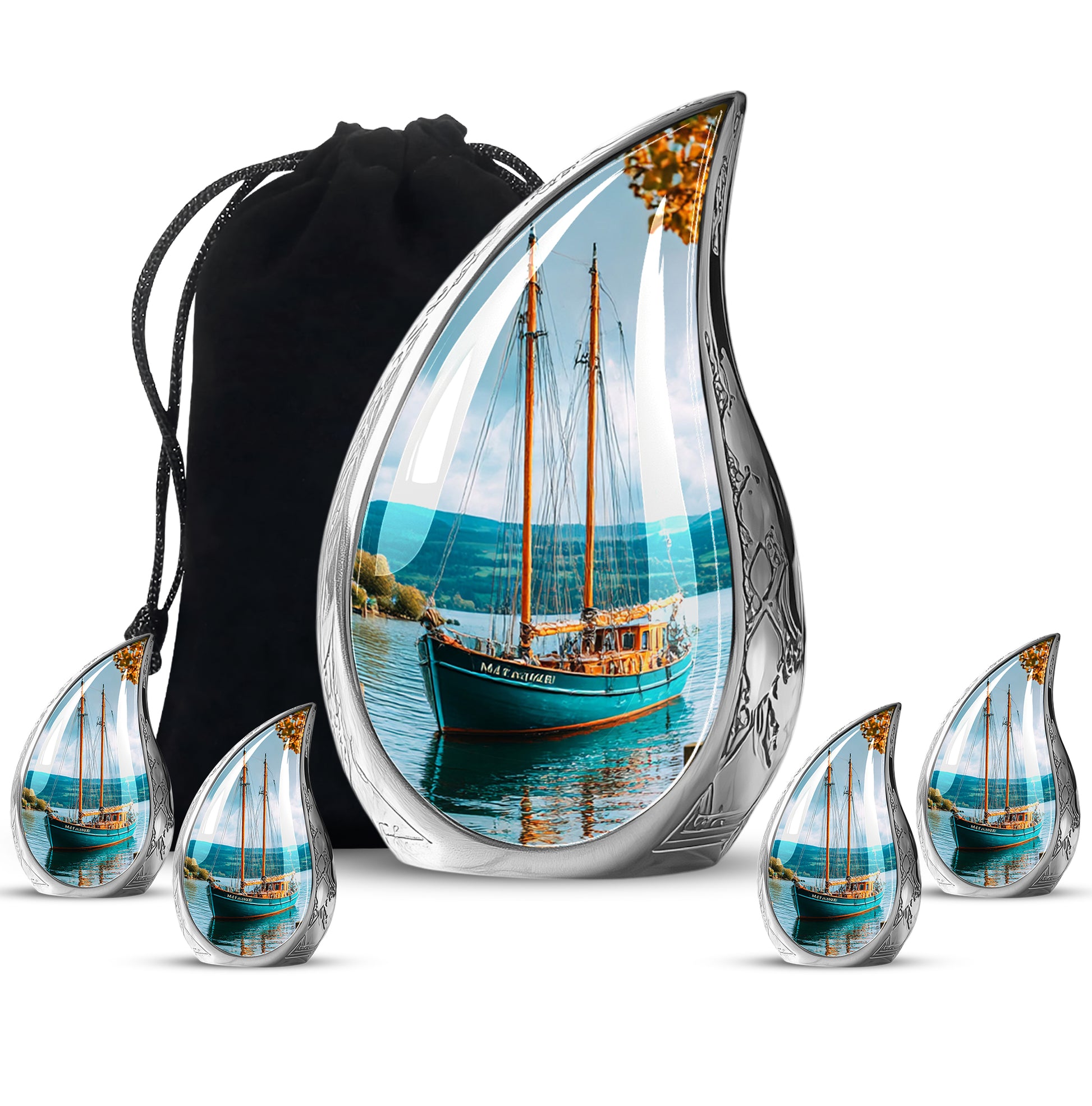 Tropical Teal Boat Cremation Urn side profile showing urn shape - graceful tear-shaped urn with boat motif - memorial set with one large and four small urns