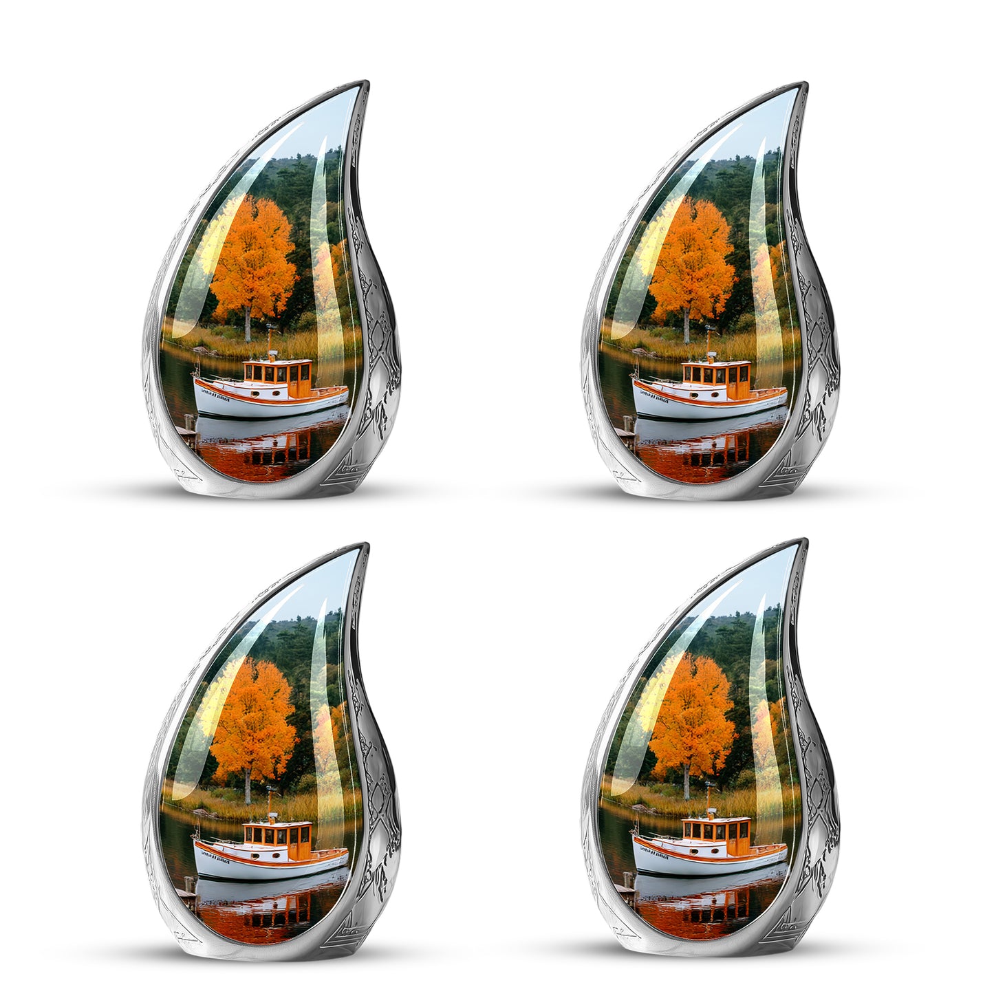 Emerald Green Boat Cremation Urn close-up of engraving and surface detail - rounded teardrop boat design with delicate detail - 10 inch aluminum urn for cremated remains