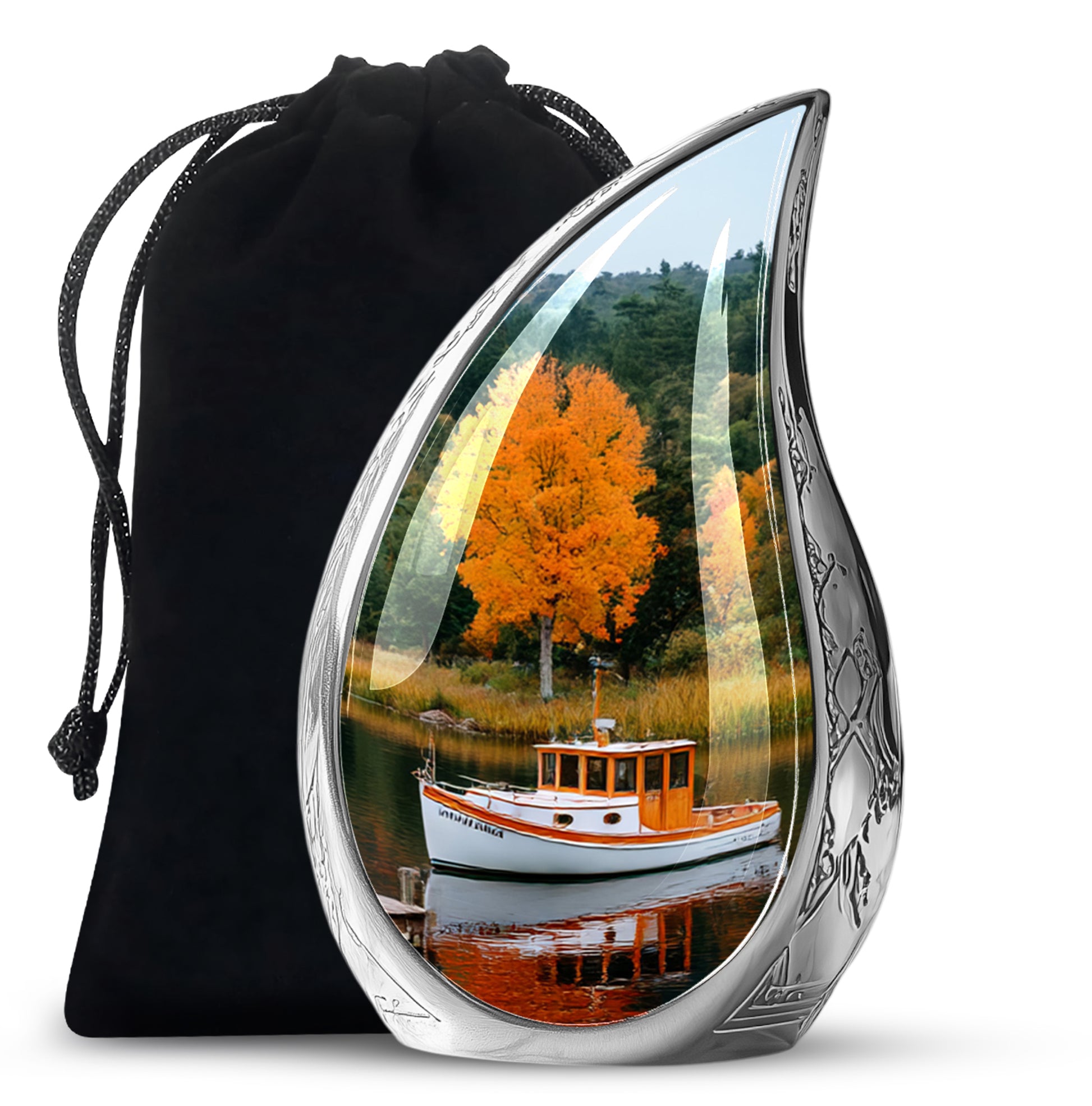 Forest Green Boat Cremation Urn front view showing detailed design - graceful tear-shaped urn with boat motif - full-size 10 inch 200 cubic inch adult cremation urn