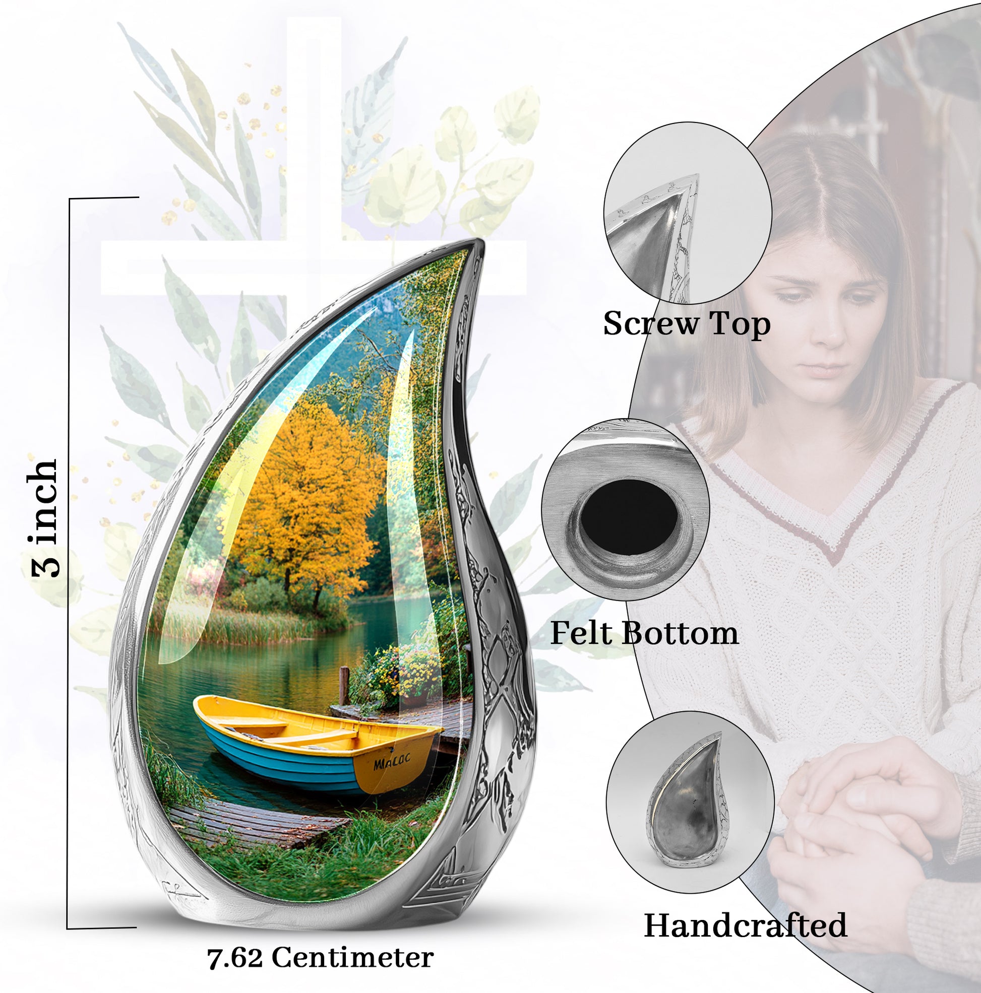 Aqua Teal Boat Cremation Urn angled view of lid and engraved motif - smooth teardrop contour featuring boat art - mini keepsake memorial for portion of cremation ashes