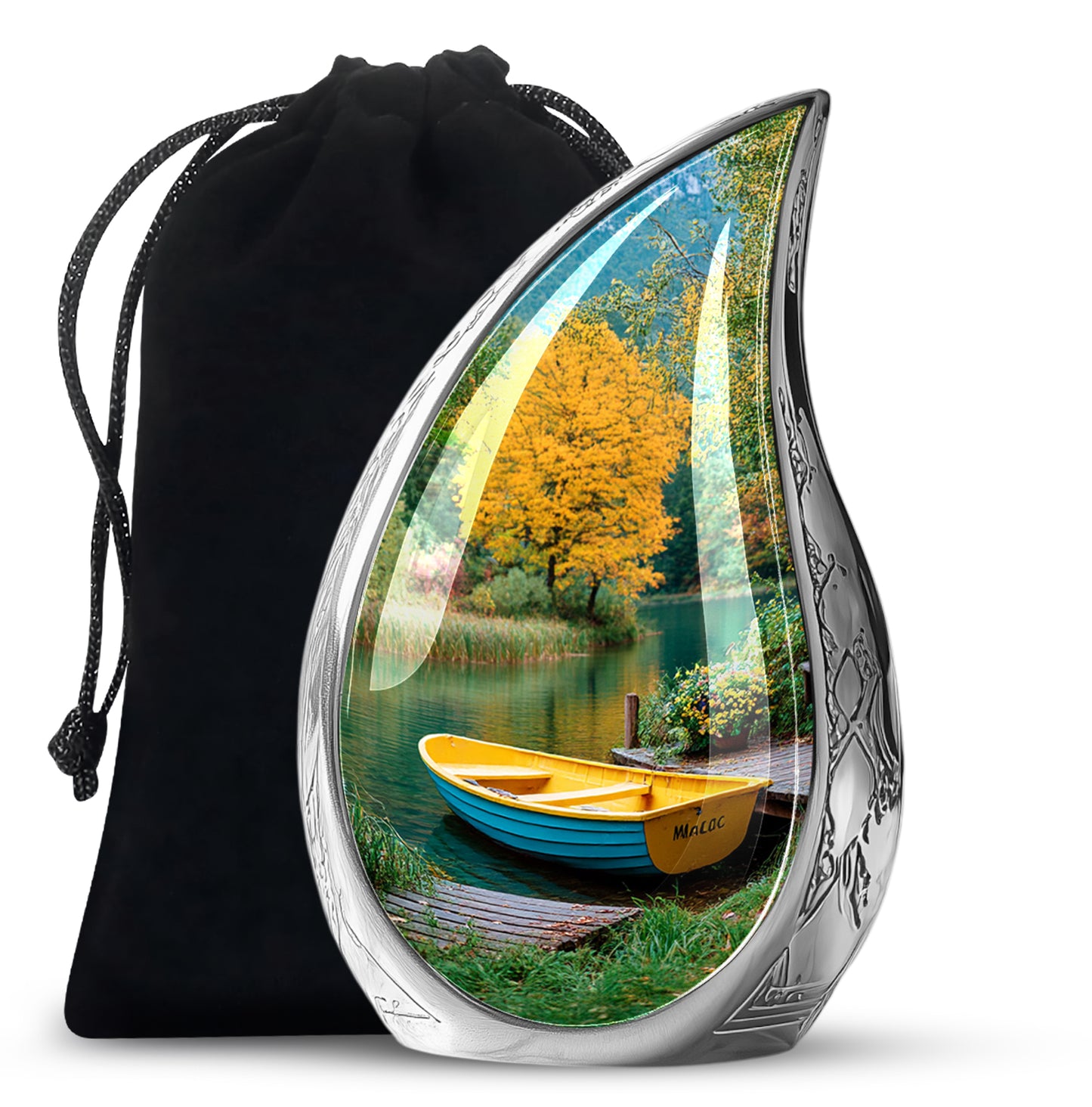 Vivid Teal Boat Cremation Urn front view showing detailed design - smooth teardrop contour featuring boat art - full-size 10 inch 200 cubic inch adult cremation urn