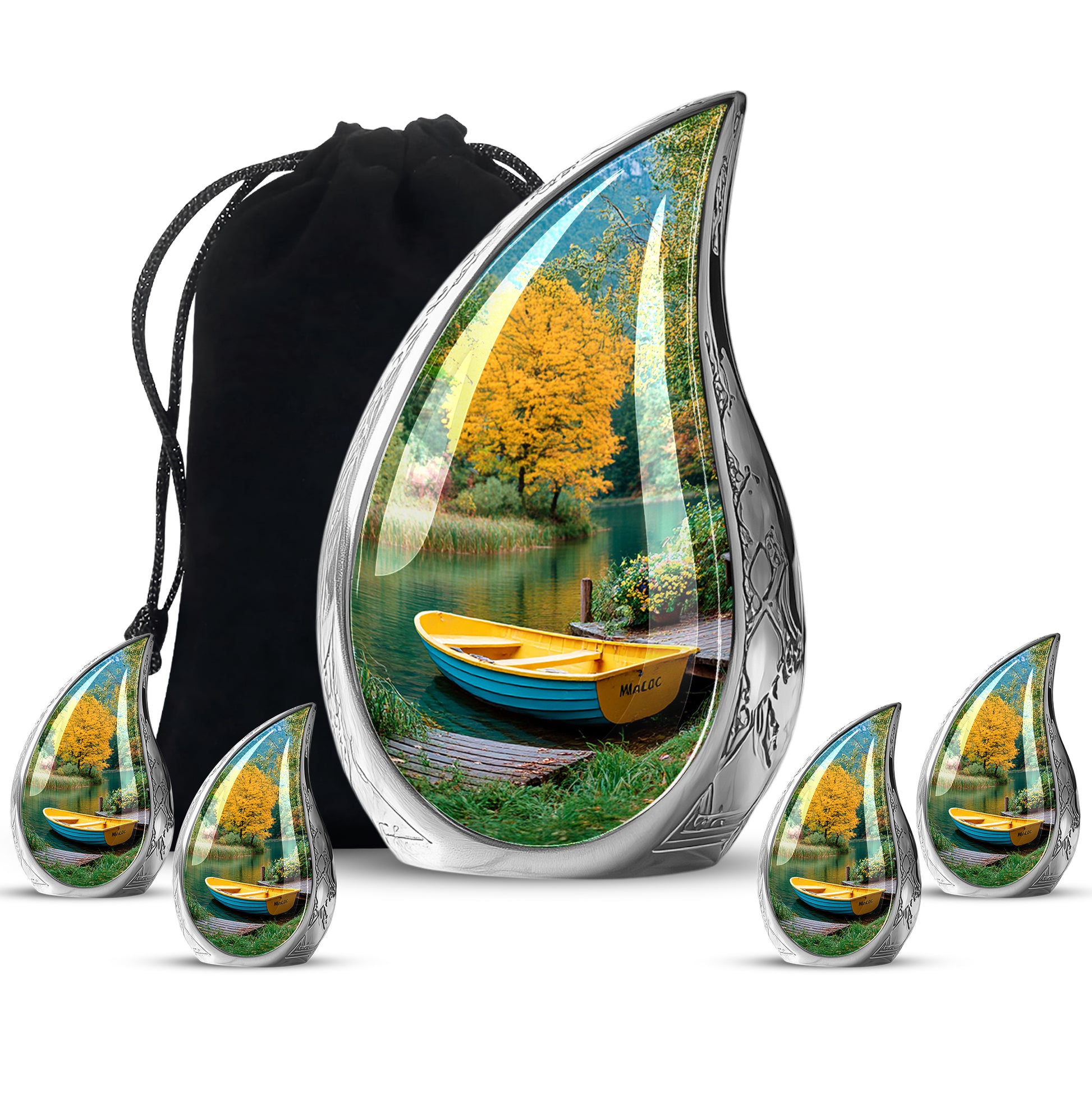 Deep Teal Boat Cremation Urn side profile showing urn shape - graceful tear-shaped urn with boat motif - memorial set with one large and four small urns