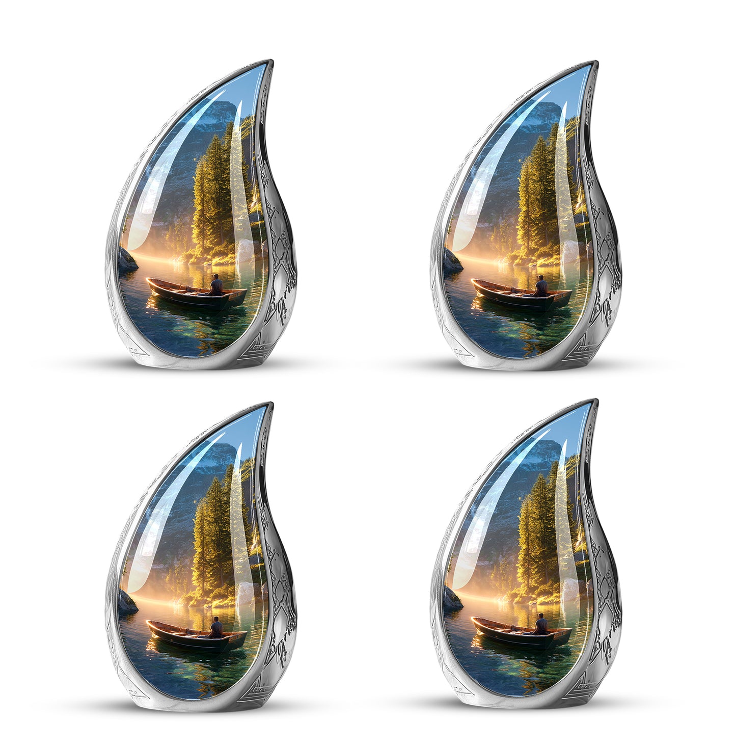 Burnished Gold Boat Cremation Urn close-up of engraving and surface detail - smooth teardrop contour featuring boat art - 10 inch aluminum urn for cremated remains