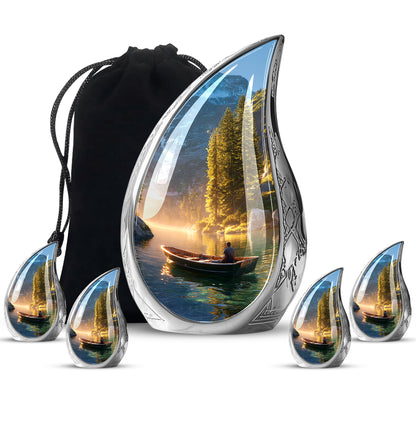 Matte Gold Boat Cremation Urn side profile showing urn shape - smooth teardrop contour featuring boat art - memorial set with one large and four small urns