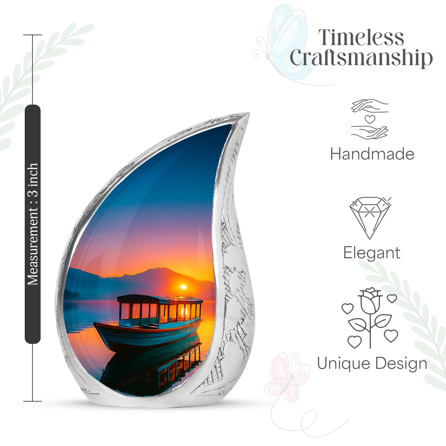 Cherry Red Boat Cremation Urn angled view of lid and engraved motif - smooth teardrop contour featuring boat art - mini keepsake memorial for portion of cremation ashes
