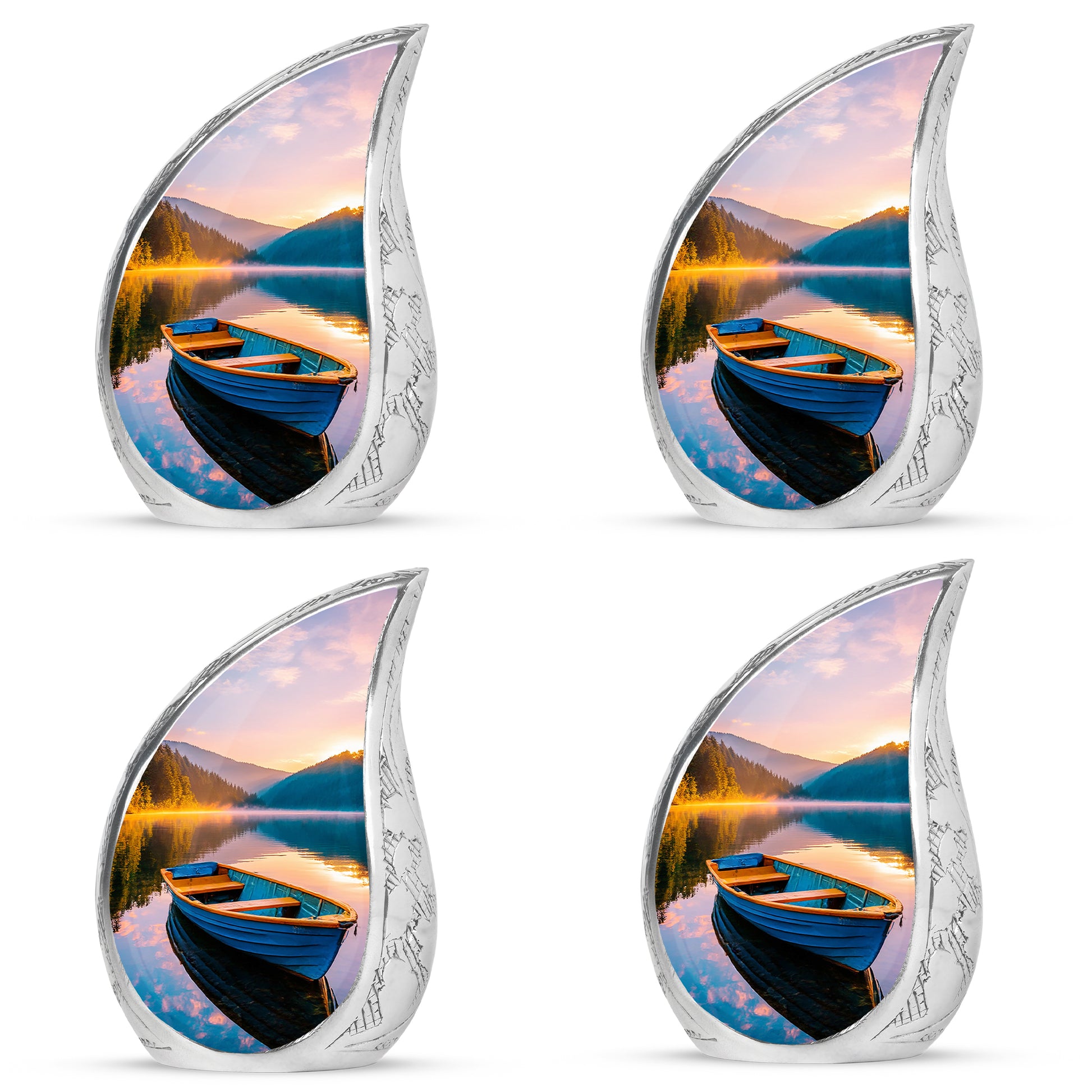 Vivid Teal Boat Cremation Urn close-up of engraving and surface detail - graceful tear-shaped urn with boat motif - 10 inch aluminum urn for cremated remains