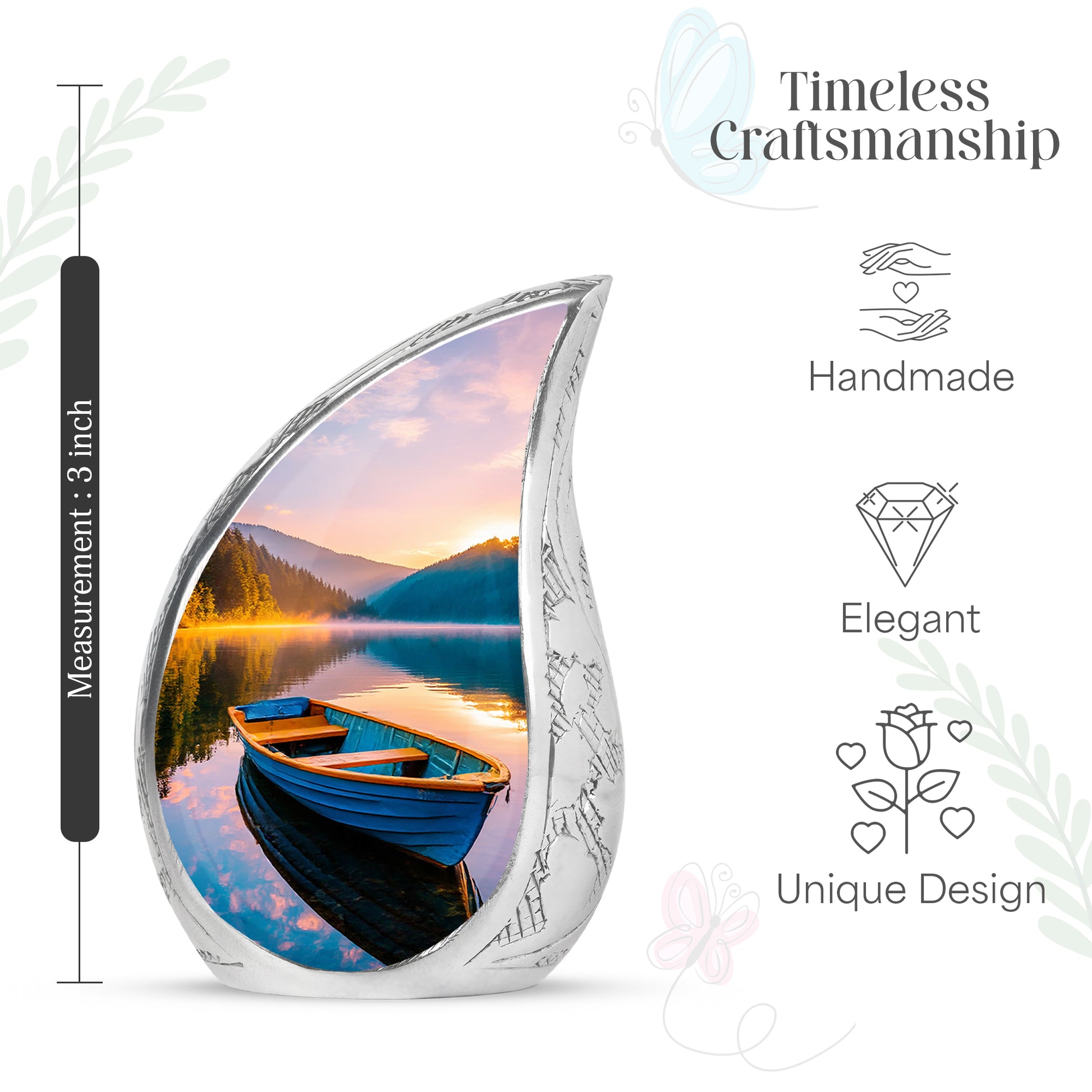 Vivid Teal Boat Cremation Urn angled view of lid and engraved motif - smooth teardrop contour featuring boat art - mini keepsake memorial for portion of cremation ashes