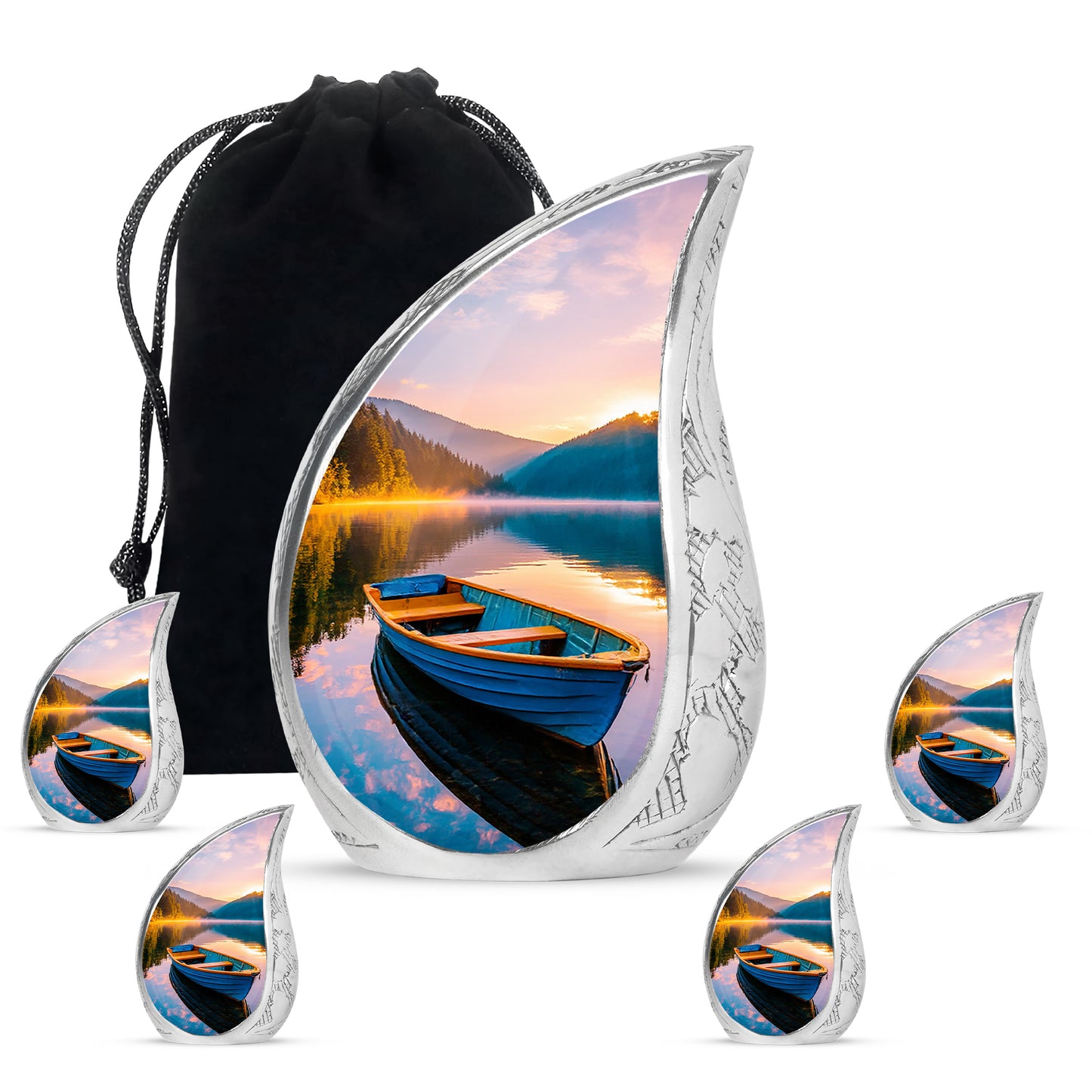 Jewel Teal Boat Cremation Urn side profile showing urn shape - rounded teardrop boat design with delicate detail - memorial set with one large and four small urns