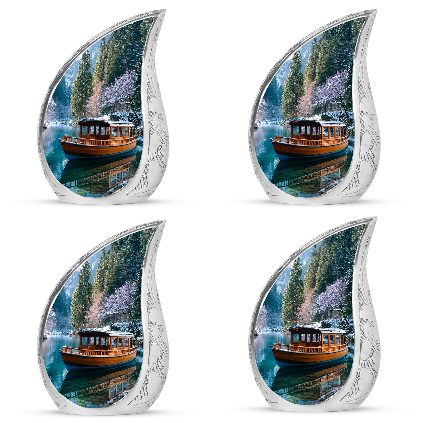 Misty Blue Boat Cremation Urn close-up of engraving and surface detail - flowing teardrop boat silhouette on curved aluminum - 10 inch aluminum urn for cremated remains