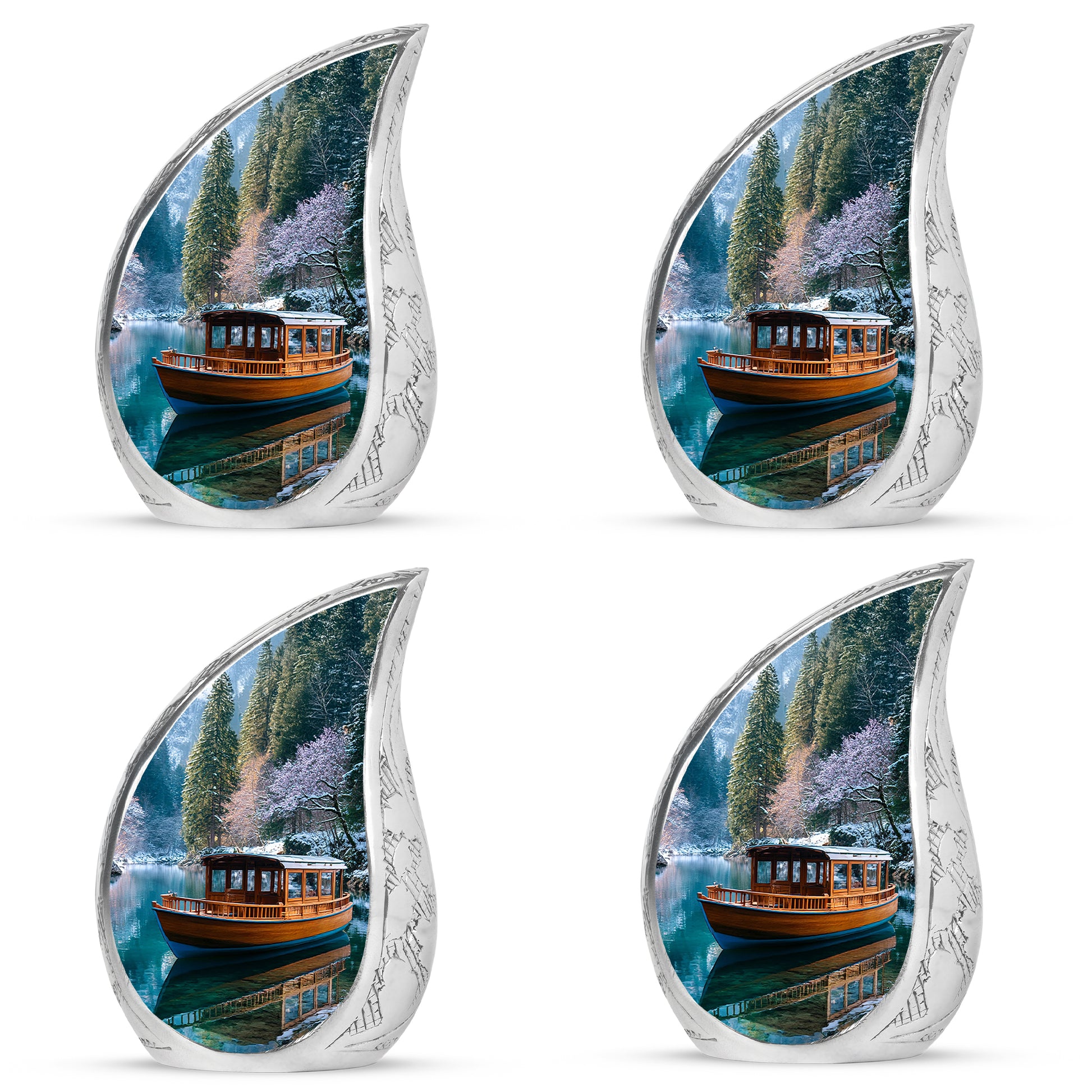 Misty Blue Boat Cremation Urn close-up of engraving and surface detail - flowing teardrop boat silhouette on curved aluminum - 10 inch aluminum urn for cremated remains