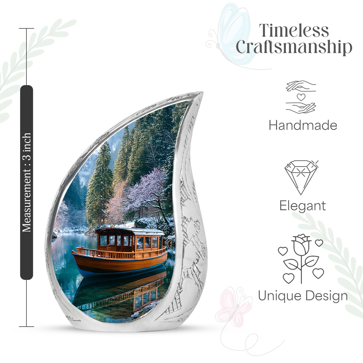 Sapphire Blue Boat Cremation Urn angled view of lid and engraved motif - graceful tear-shaped urn with boat motif - mini keepsake memorial for portion of cremation ashes