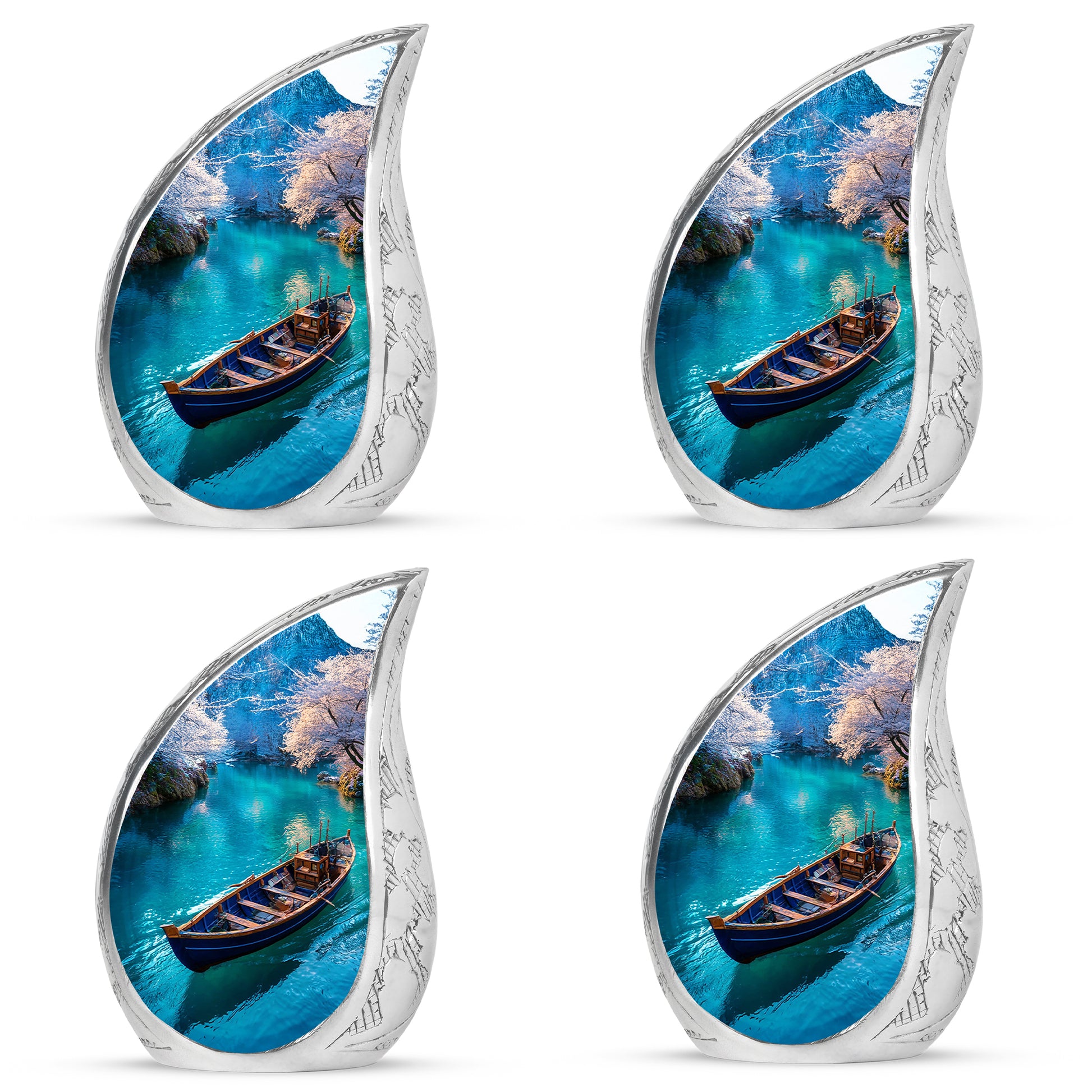Powder Blue Boat Cremation Urn close-up of engraving and surface detail - rounded teardrop boat design with delicate detail - 10 inch aluminum urn for cremated remains