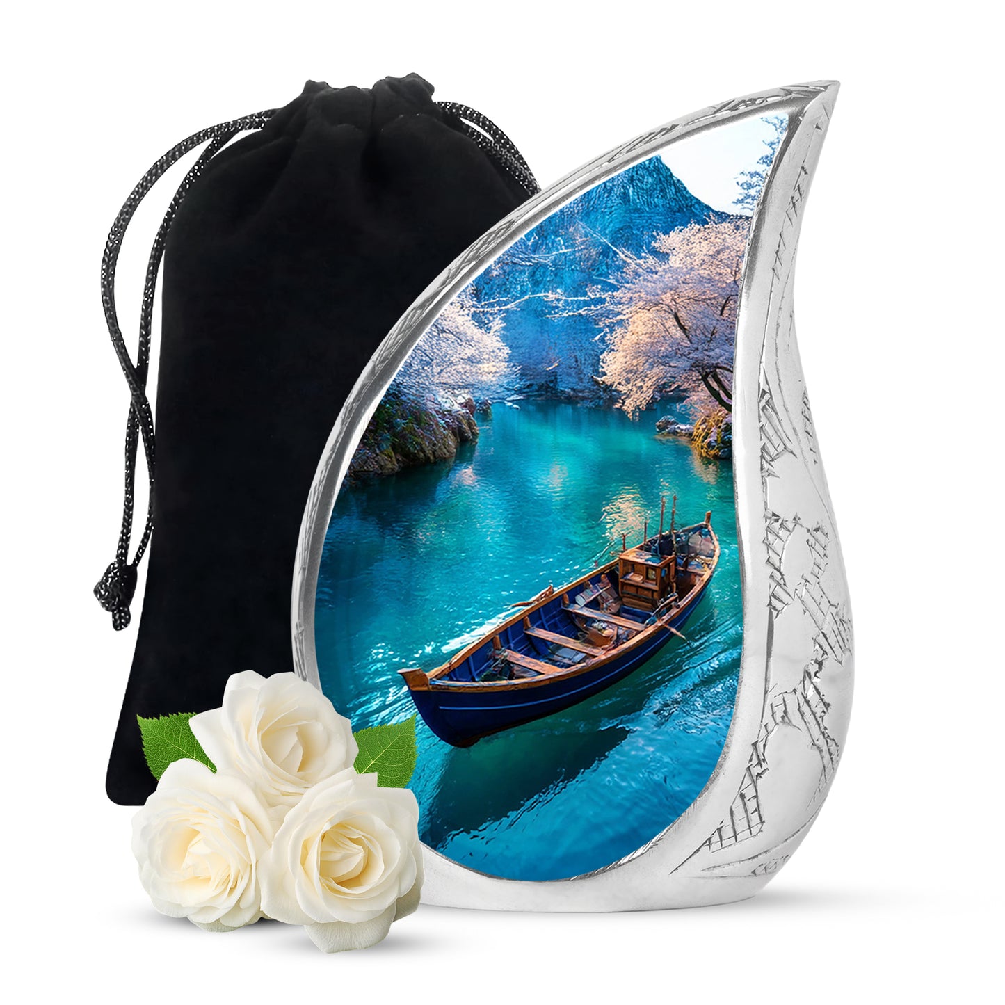 Sky Blue Boat Cremation Urn front view showing detailed design - rounded teardrop boat design with delicate detail - full-size 10 inch 200 cubic inch adult cremation urn