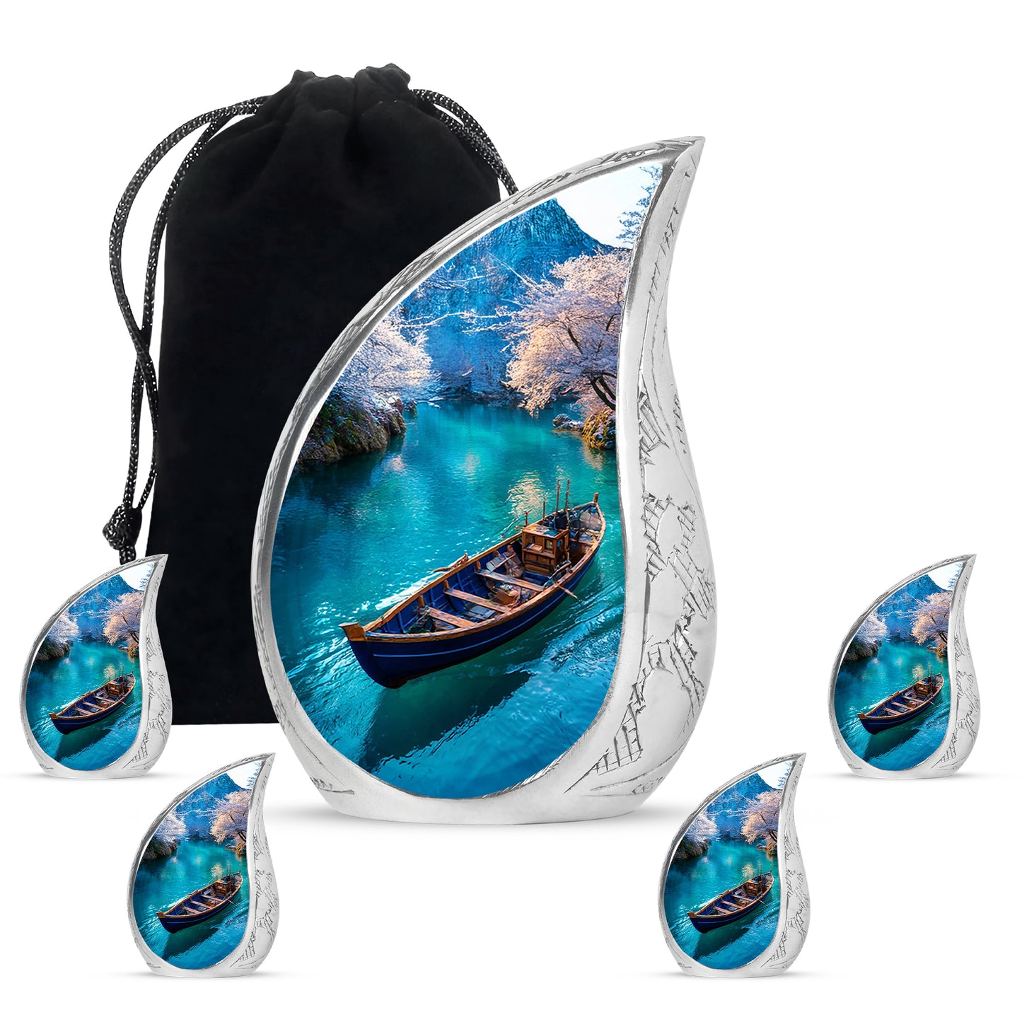 Serene Blue Boat Cremation Urn side profile showing urn shape - smooth teardrop contour featuring boat art - memorial set with one large and four small urns