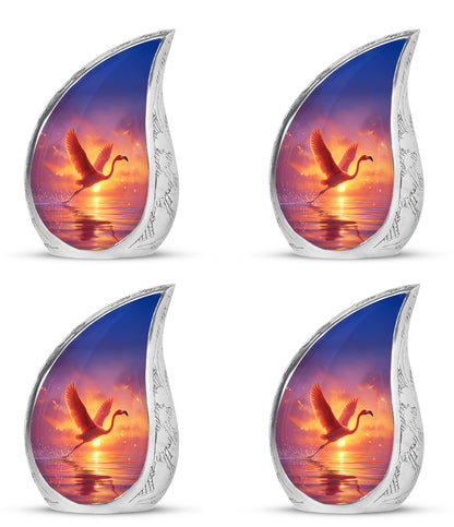 Royal Purple Flamingo Cremation Urn close-up of engraving and surface detail - smooth teardrop contour featuring flamingo art - 10 inch aluminum urn for cremated remains