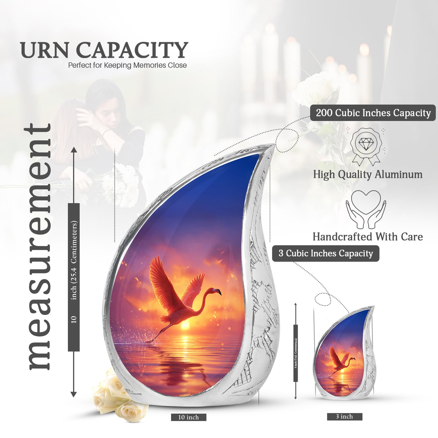 Lavender Purple Flamingo Cremation Urn angled view of lid and engraved motif - smooth teardrop contour featuring flamingo art - mini keepsake memorial for portion of cremation ashes