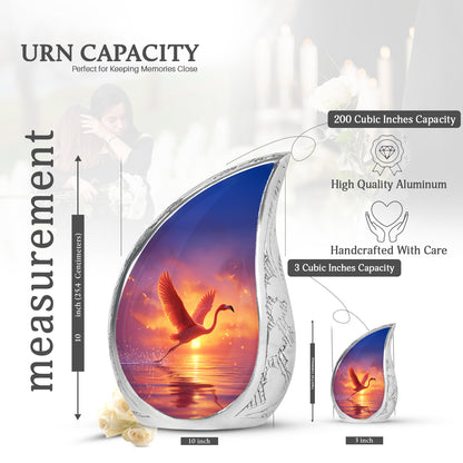Lavender Purple Flamingo Cremation Urn angled view of lid and engraved motif - smooth teardrop contour featuring flamingo art - mini keepsake memorial for portion of cremation ashes