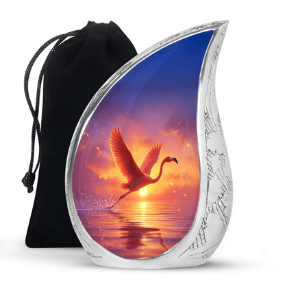 Plum Purple Flamingo Cremation Urn front view showing detailed design - flowing teardrop flamingo silhouette on curved aluminum - full-size 10 inch 200 cubic inch adult cremation urn