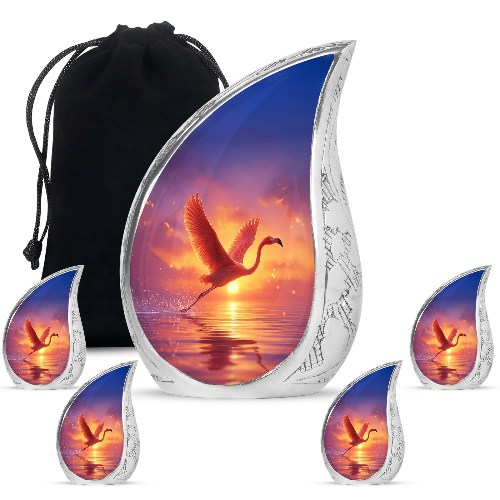 Deep Purple Flamingo Cremation Urn side profile showing urn shape - flowing teardrop flamingo silhouette on curved aluminum - memorial set with one large and four small urns
