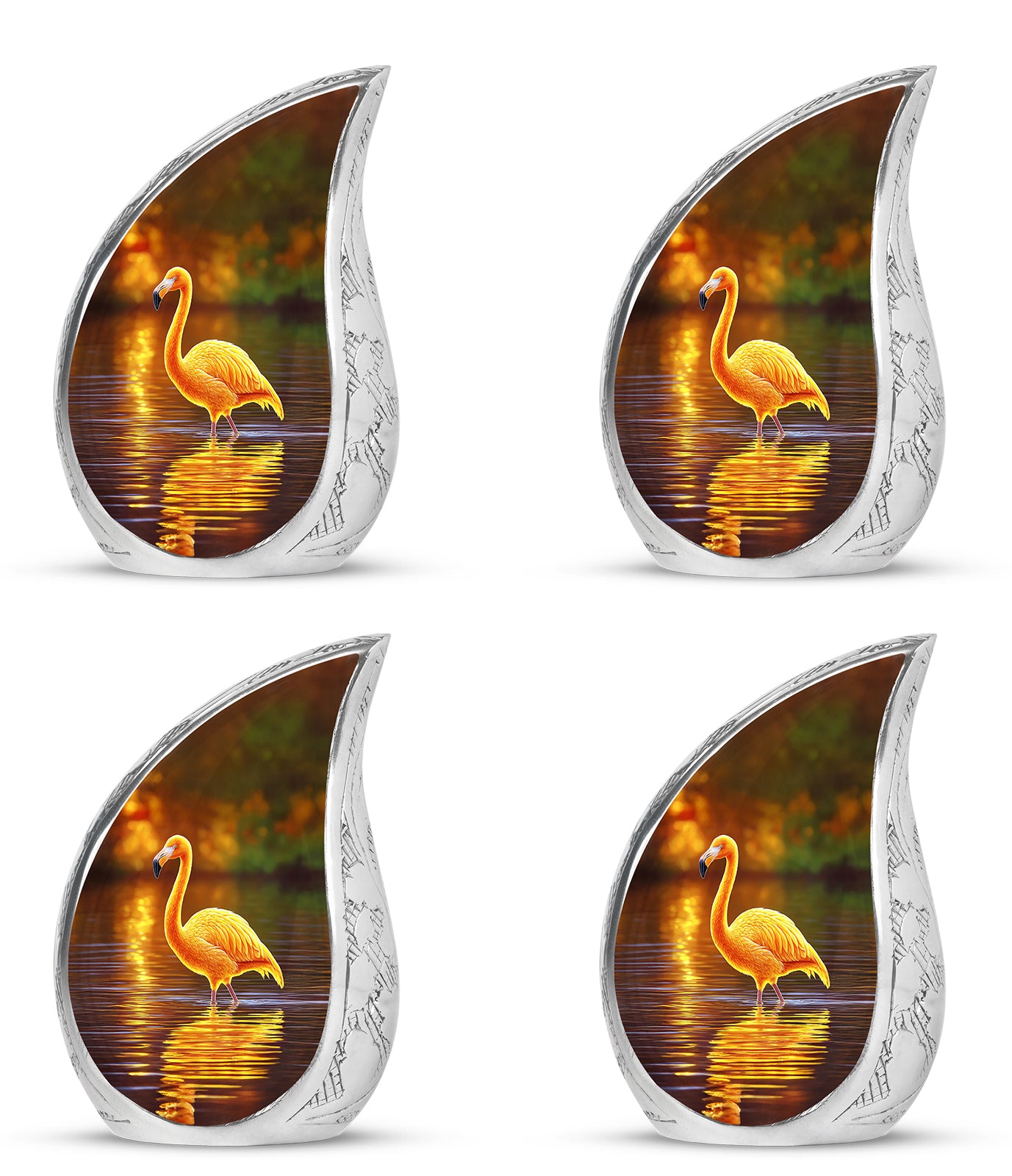 Royal Gold Flamingo Cremation Urn close-up of engraving and surface detail - smooth teardrop contour featuring flamingo art - 10 inch aluminum urn for cremated remains