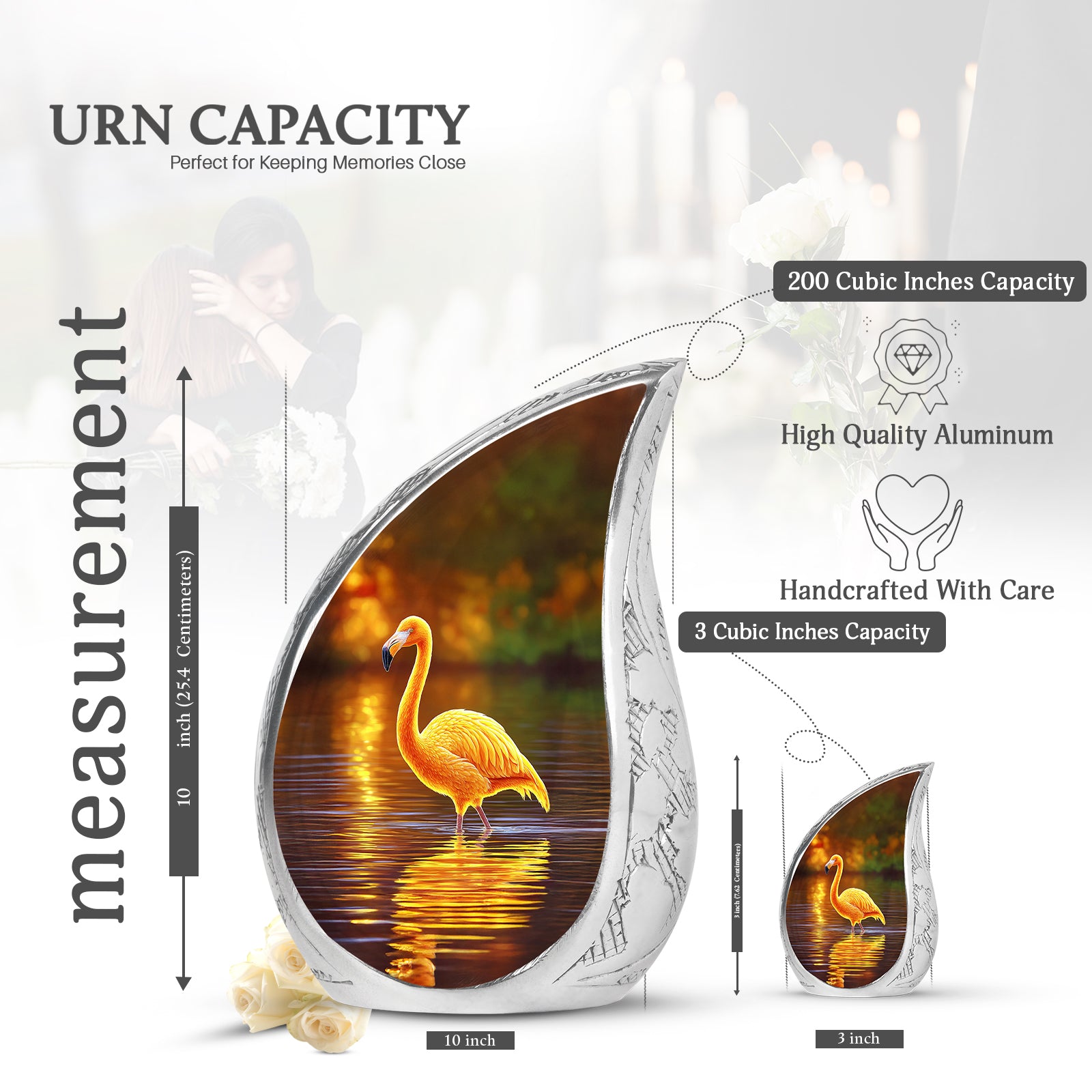 Antique Gold Flamingo Cremation Urn angled view of lid and engraved motif - rounded teardrop flamingo design with delicate detail - mini keepsake memorial for portion of cremation ashes