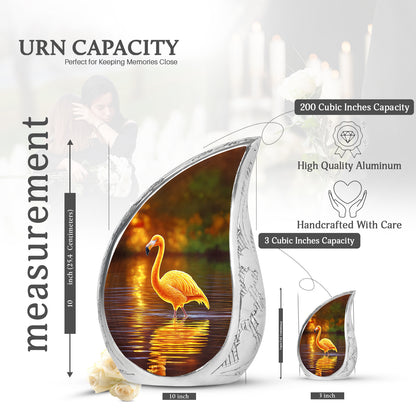 Antique Gold Flamingo Cremation Urn angled view of lid and engraved motif - rounded teardrop flamingo design with delicate detail - mini keepsake memorial for portion of cremation ashes