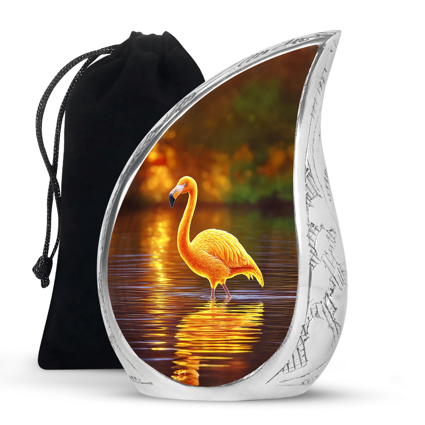 Antique Gold Flamingo Cremation Urn front view showing detailed design - flowing teardrop flamingo silhouette on curved aluminum - full-size 10 inch 200 cubic inch adult cremation urn