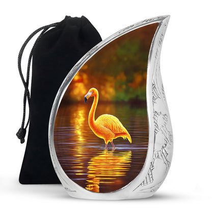 Antique Gold Flamingo Cremation Urn front view showing detailed design - flowing teardrop flamingo silhouette on curved aluminum - full-size 10 inch 200 cubic inch adult cremation urn