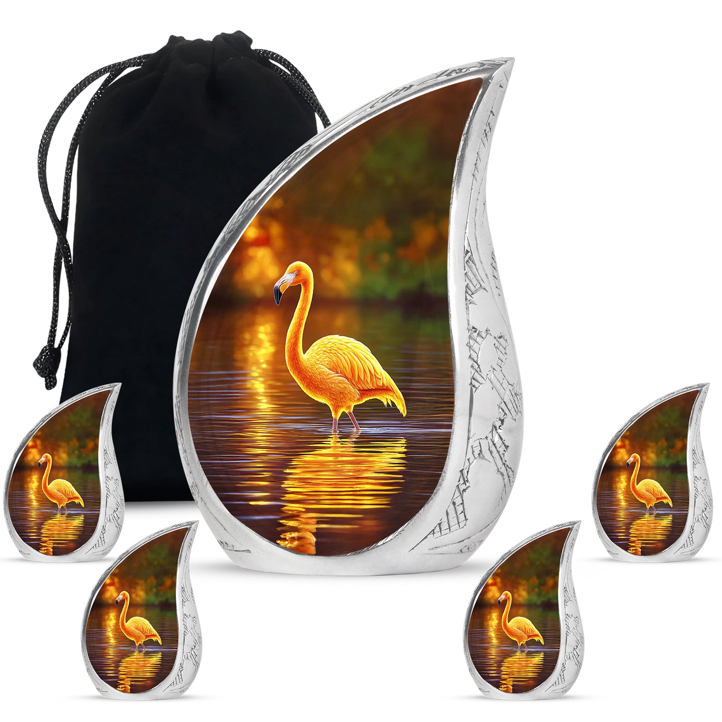 Harvest Gold Flamingo Cremation Urn side profile showing urn shape - smooth teardrop contour featuring flamingo art - memorial set with one large and four small urns