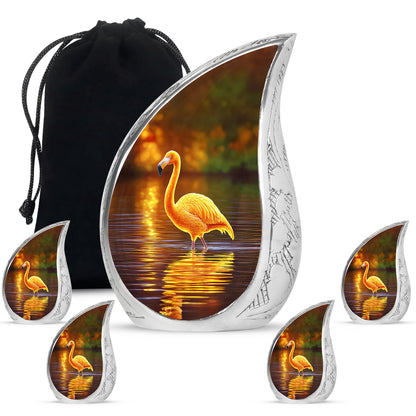 Harvest Gold Flamingo Cremation Urn side profile showing urn shape - smooth teardrop contour featuring flamingo art - memorial set with one large and four small urns