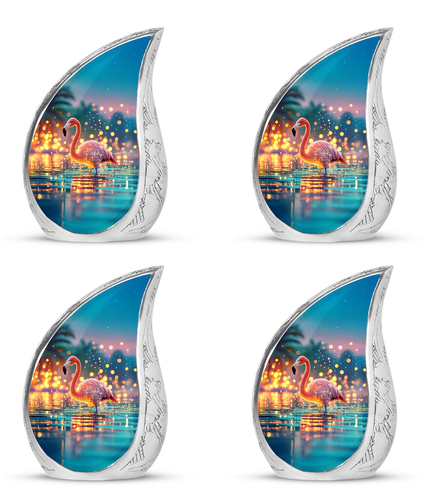 Ocean Teal Flamingo Cremation Urn close-up of engraving and surface detail - flowing teardrop flamingo silhouette on curved aluminum - 10 inch aluminum urn for cremated remains